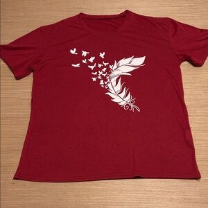 Red Graphic T-Shirt with Feather and Bird Design
